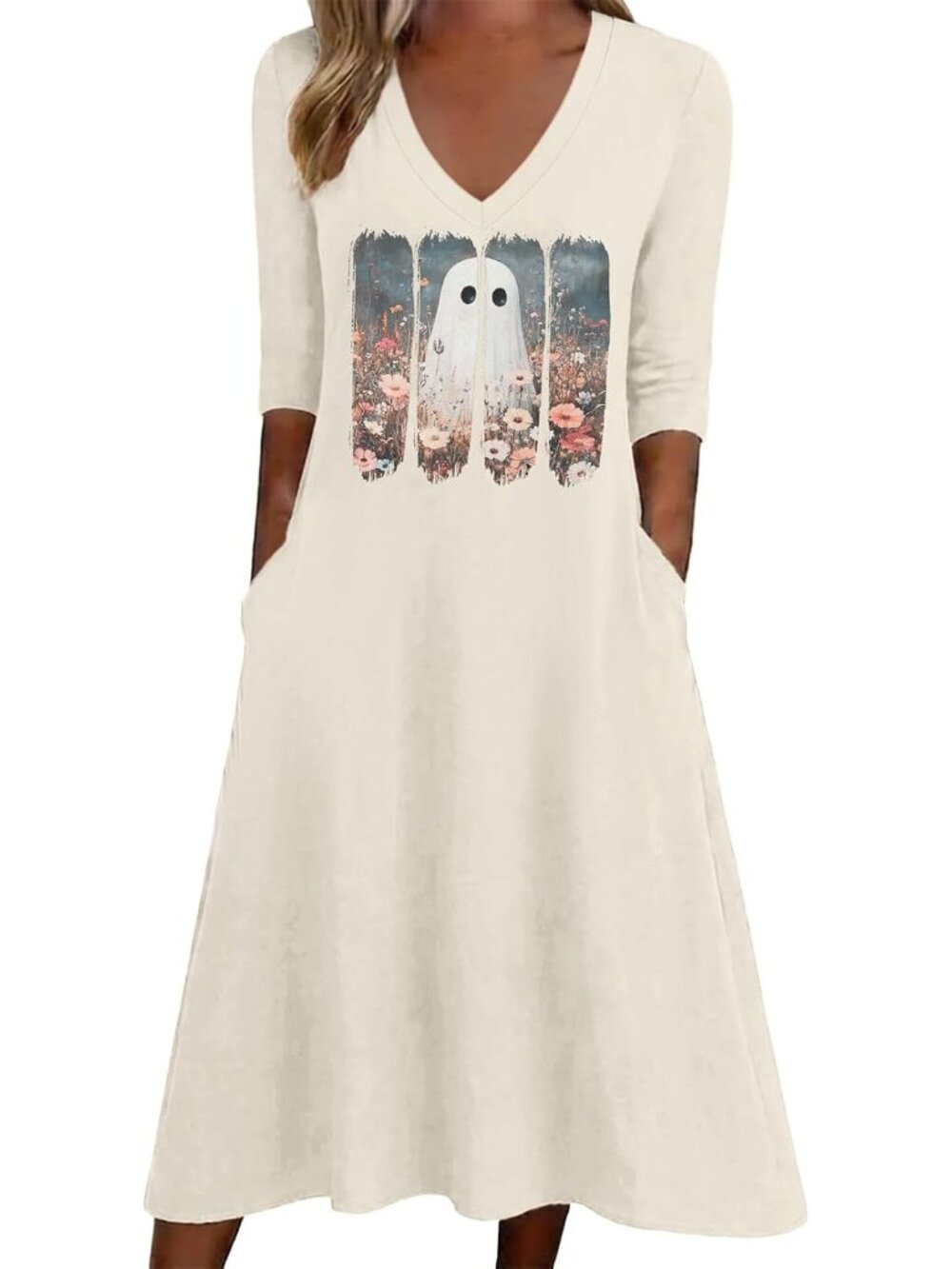 🆕 Women's Halloween Cream Ghost Dress Floral Graphic V-Neck With Pockets